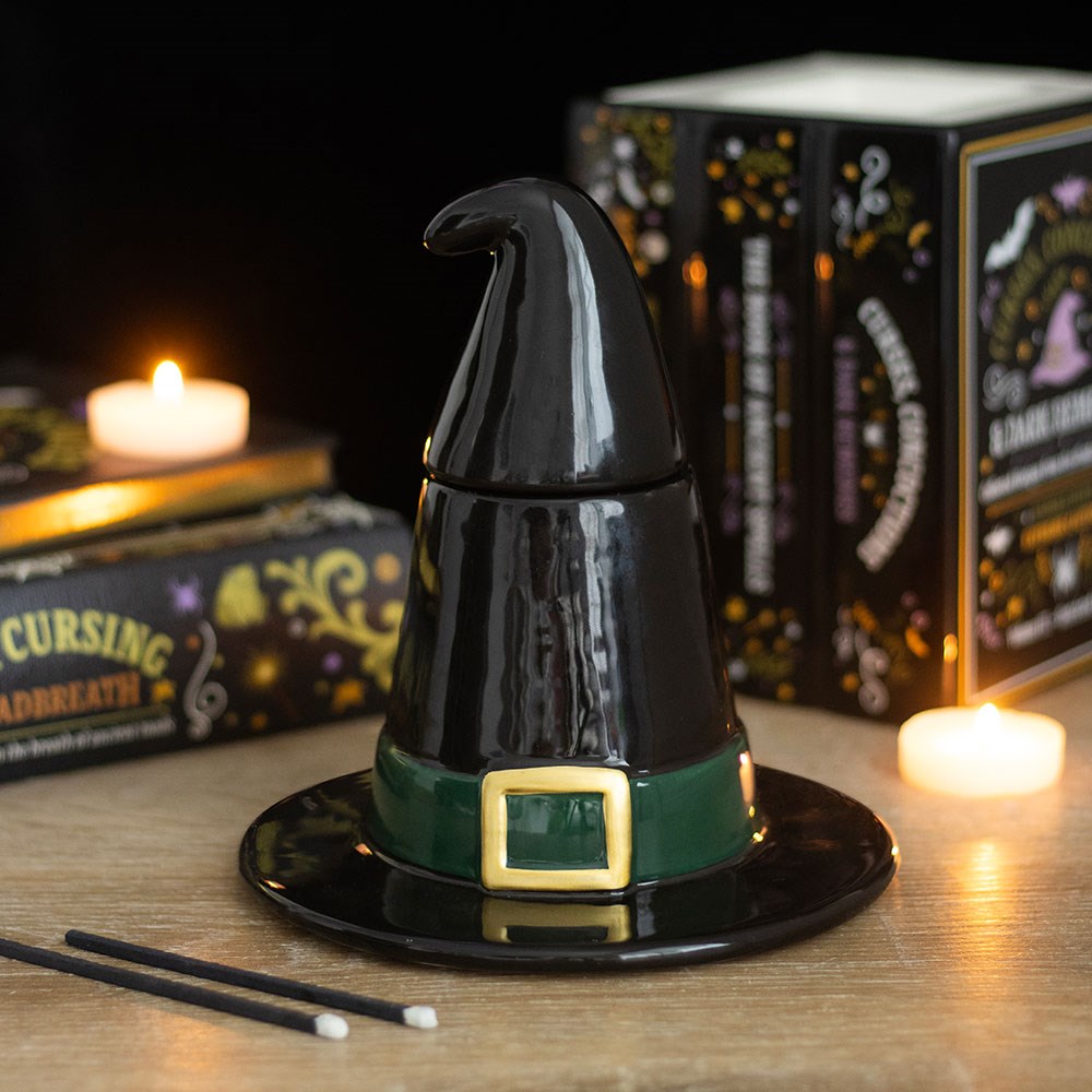 Quemador de aceite de cerámica con forma de sombrero de bruja negro