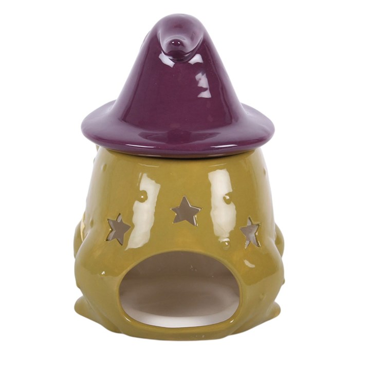Quemador de Aceite Sapo con Estrellas, Lunas y Sombrero Morado