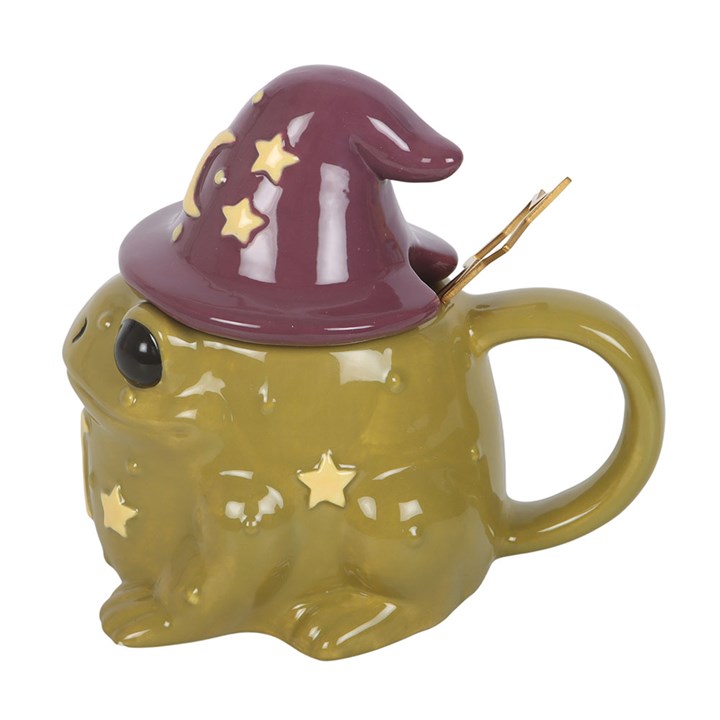 Taza Cerámica Sapo con Tapa Sombrero de Bruja y Cuchara Estrella