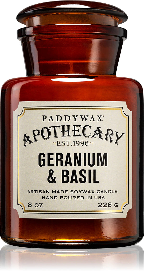 Vela Apothecary Geranio y Albahaca en tarro de cristal · 226 g